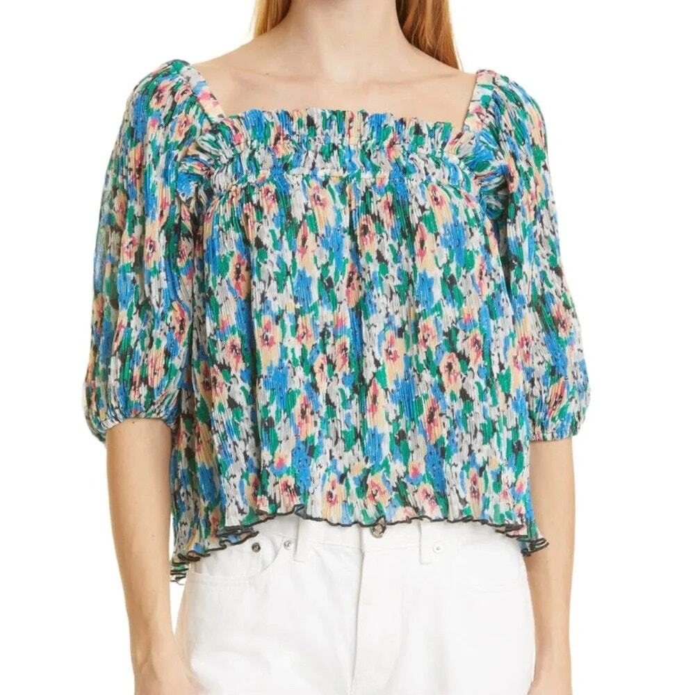 GANNI Floral Print Plissé Pleat Smocked Georgette Top Square Neck SZ 4 US
